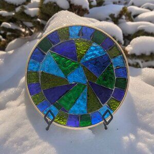 Vtg MCM SIGNED Jon Matin 12" Round Stained Foil Glass Tray/Platter Plate 1950's